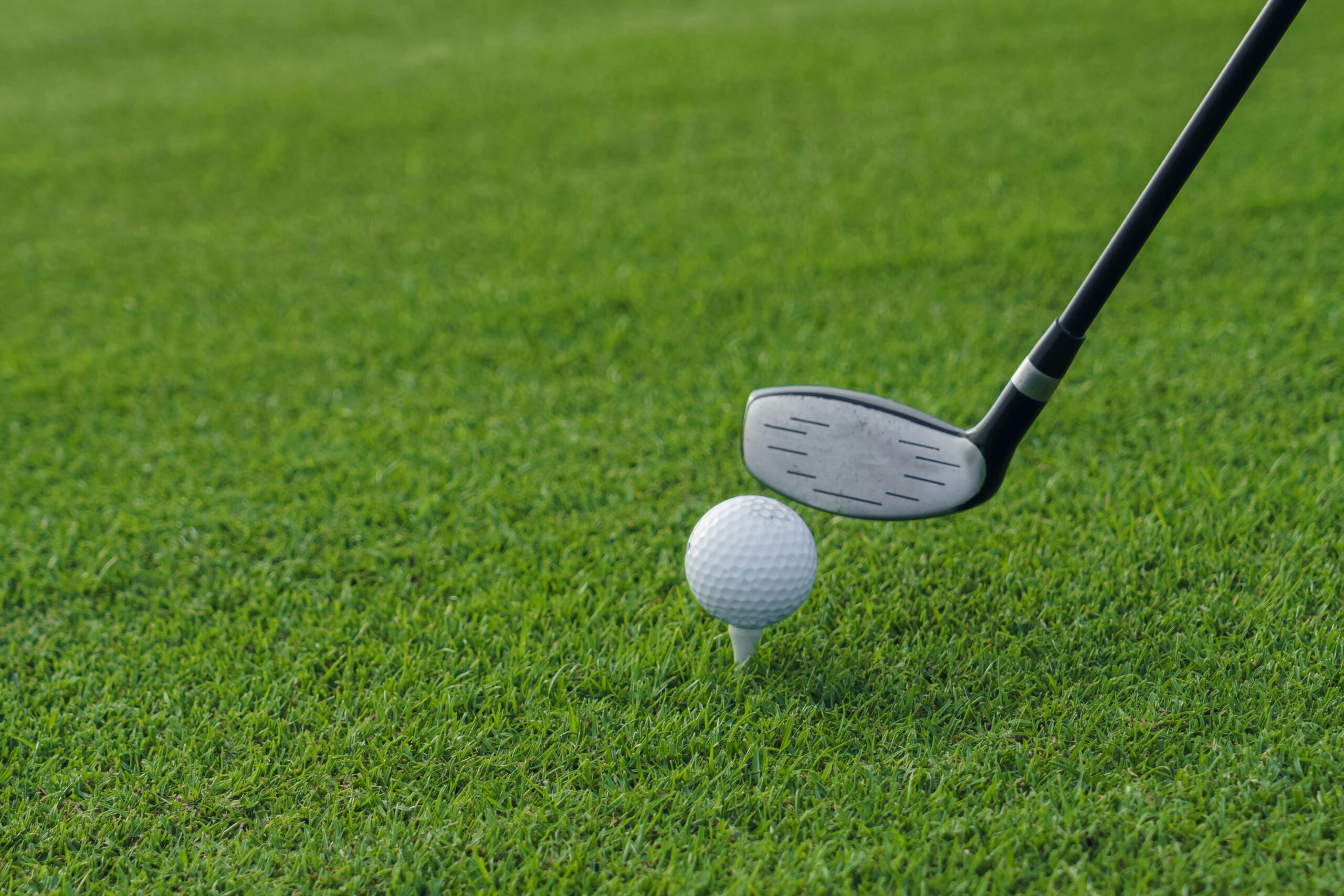 Golf club poised to hit a golf ball on a tee, set against a lush green grass background.